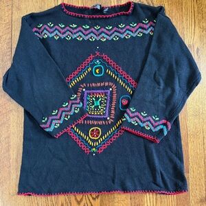 Carole Little Vintage Black Embroidered Bedazzled Sweater 3/4 Sleeve Size 1X